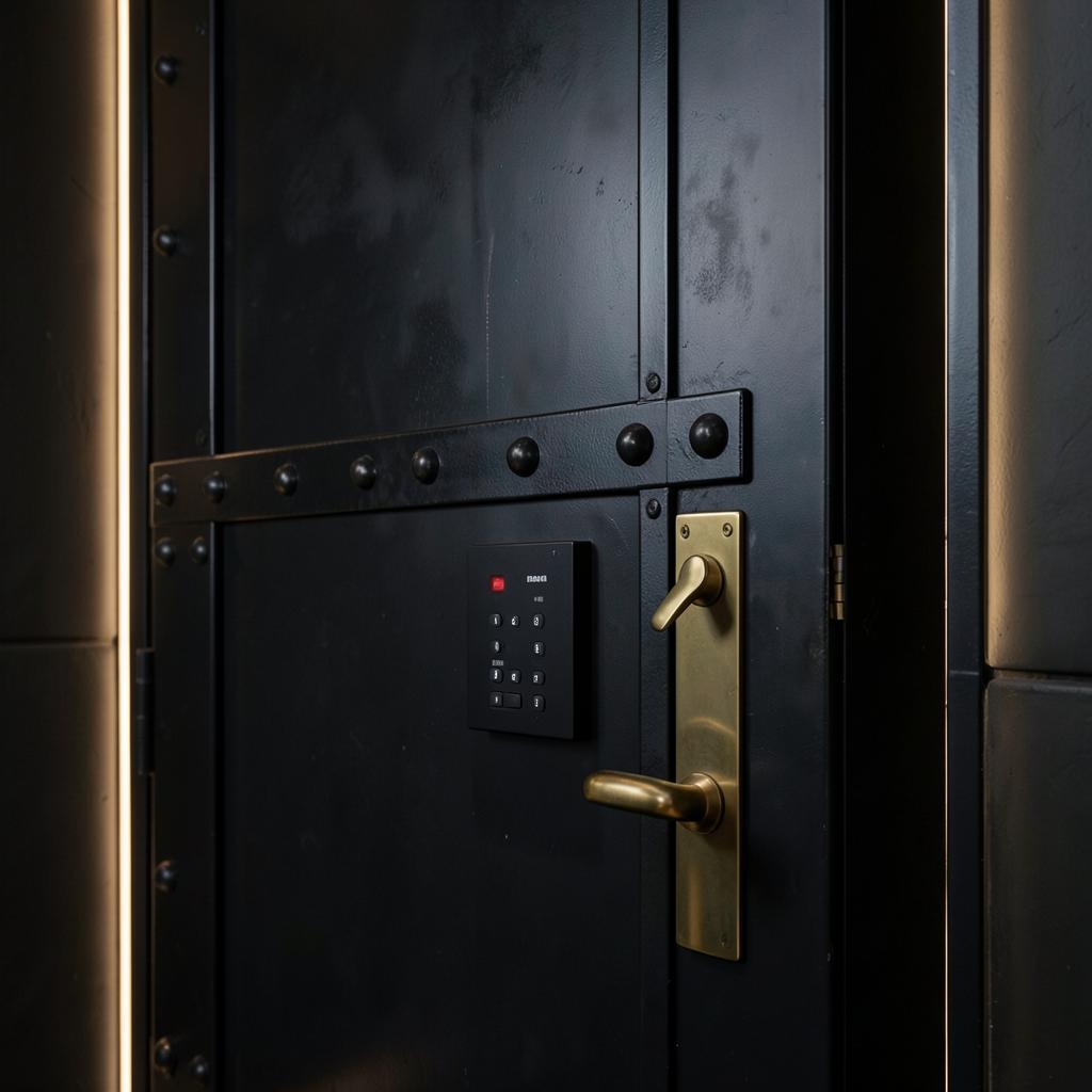Reinforced blackened steel entry door with brass hardware