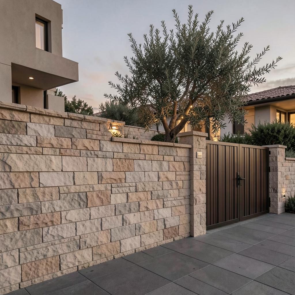 Stone privacy wall and gate of a luxury estate