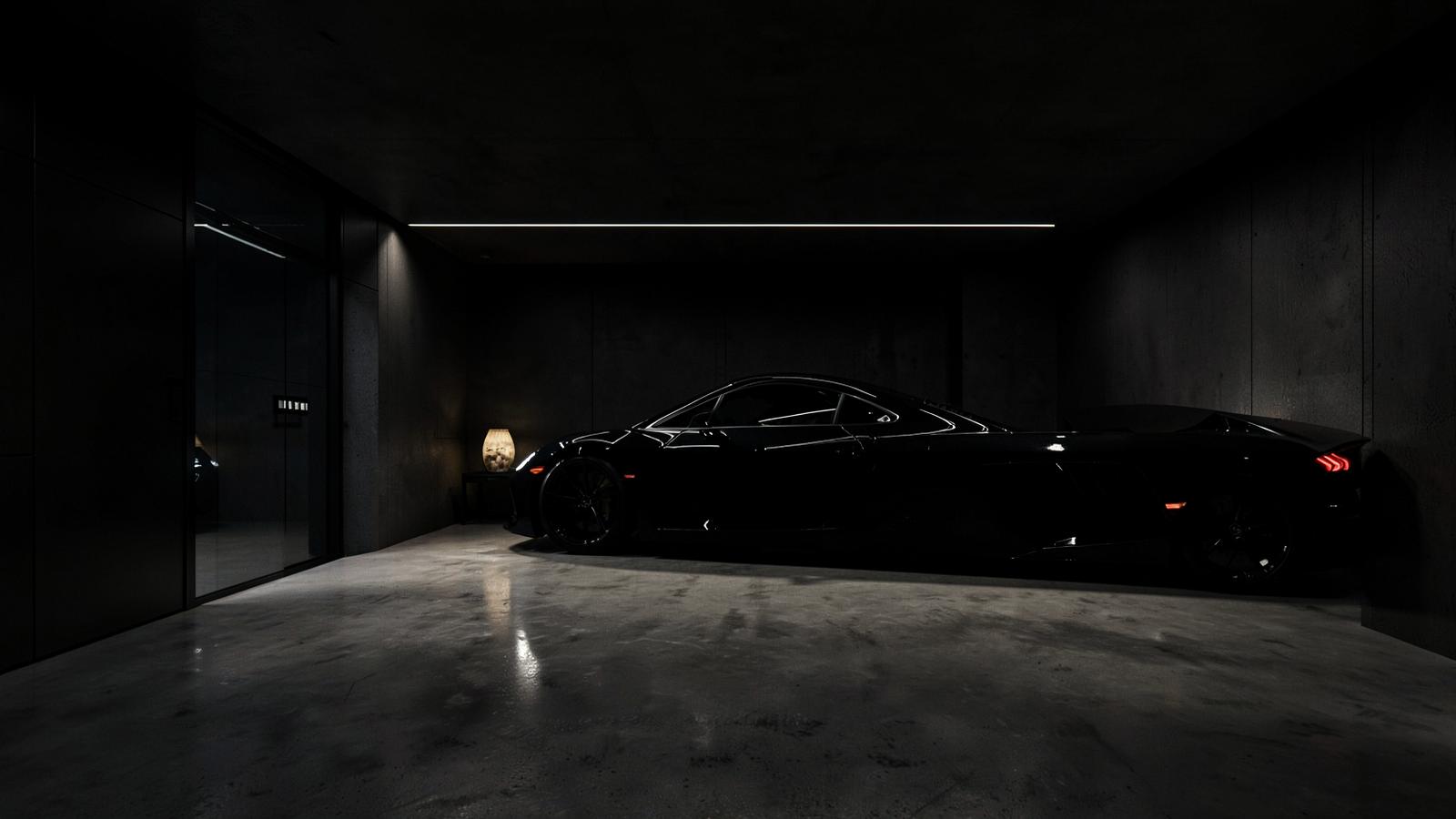 Dark private garage with an exotic car