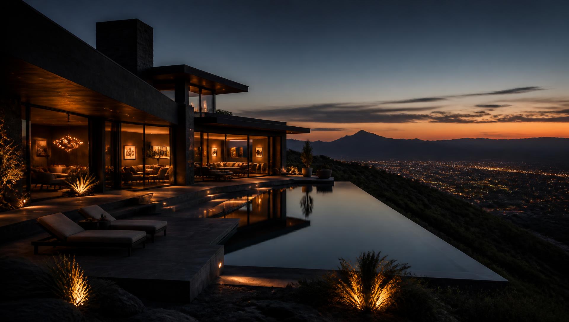 Modern luxury hillside residence at dusk with an infinity pool
